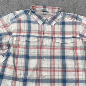 Columbia Shirt Mens Large Plaid Omni-Shade Vented Short Sleeve Fishing Blue Red